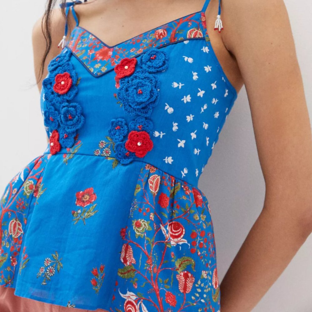 Anthropologie Blue Floral Crochet-Accented Tank Top - Picture 3 of 15